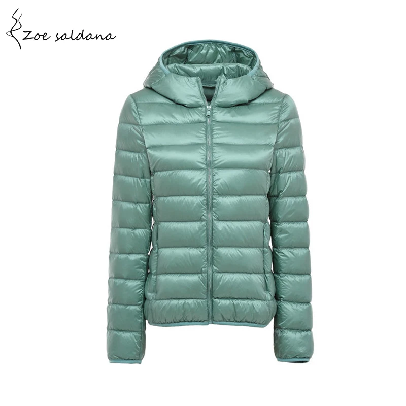 Зои салдана 2019 для женщин ультра легкий пуховик тонкий женский с капюшоном