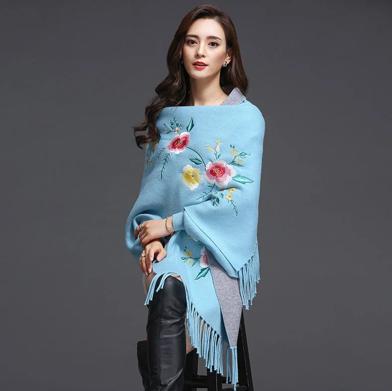 light blue Женский шарф, большие размеры, зимние шарфы, шаль, с вышивкой, толстая, теплая, с кисточками, хлопок, шерсть, пончо, Цветочный, женский шарф, накидка - Цвет: light blue