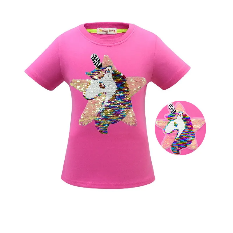3486 Rose Футболка с единорогом летняя одежда для маленьких девочек Camiseta Unicornio, футболка топы для девочек, Femme, Детская футболка, Enfant, для дня рождения, цветная, с блестками - Цвет: 3486 Rose