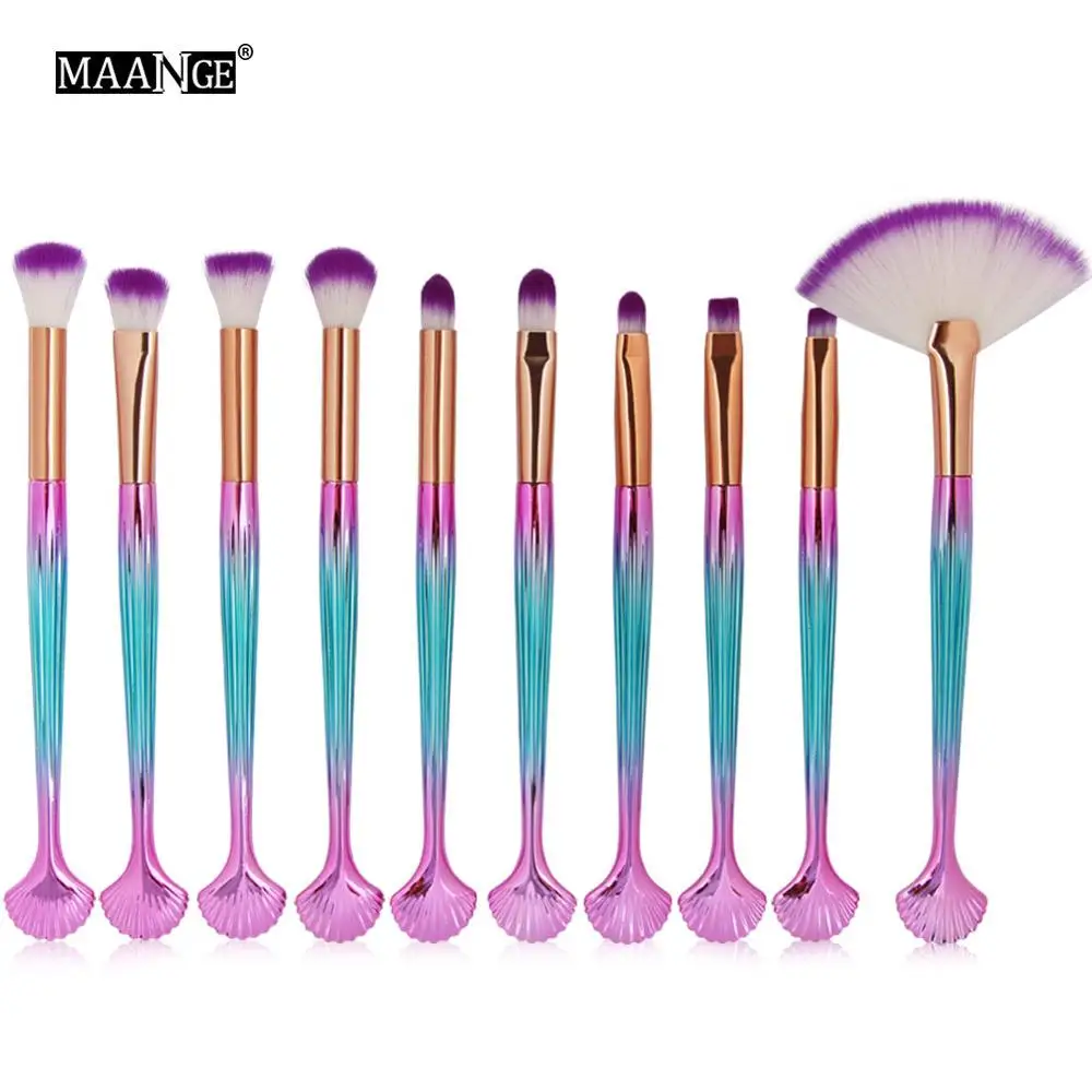 White purple MAANGE 10 шт. набор кистей для макияжа Русалочка рыбий хвост основа Пудра Тени для век макияж кисти контур Смешивание Косметические Кисти - Handle Color: White purple