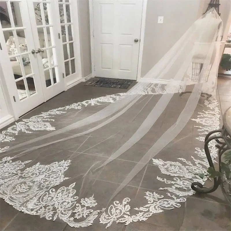 Свадебная фата длиной 2019 белая Слоновая однослойная Кружевная аппликация