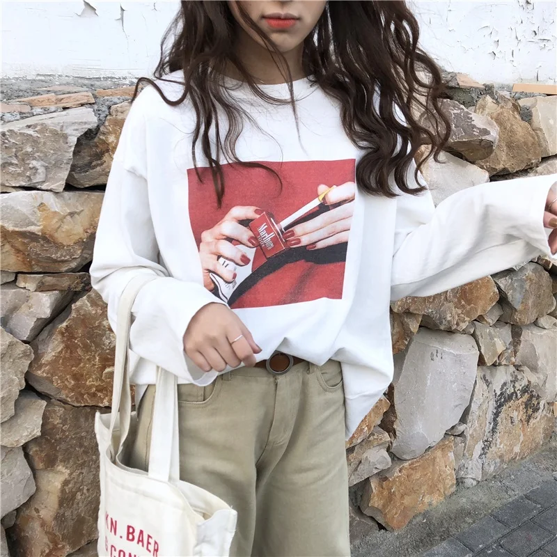 YouGeMan футболка Femme осень женские с длинным рукавом базовые Топы Корейский Ulzzang Harajuku мультфильм свободные белые футболки - Цвет: see chart