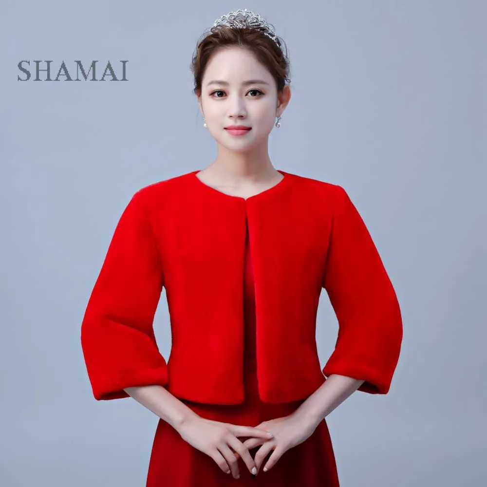 

SHAMAI Red Faux Fur Winter Bridal Wraps Warm Fur Boleros Bridal Cape Evening Coat 3/4 Sleeves New Wedding bridesmaids Jacket