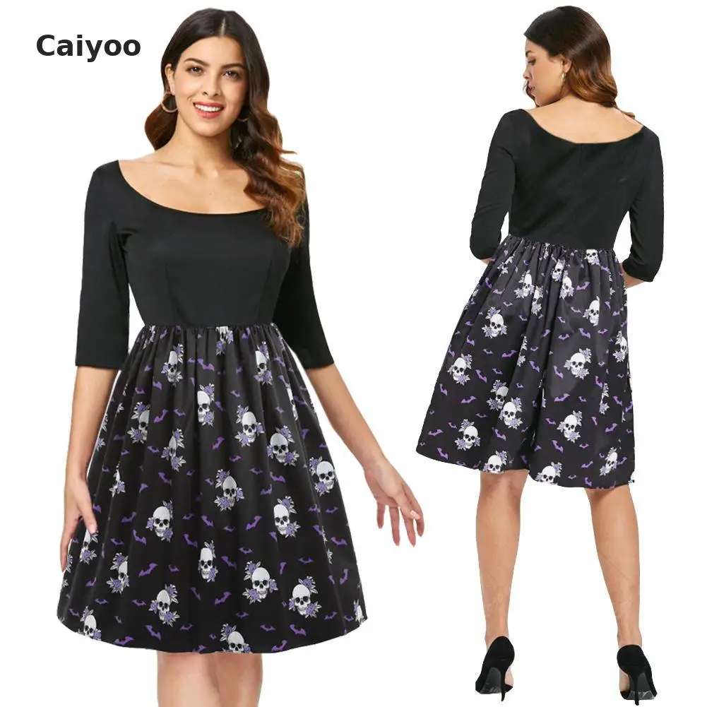 Summer Dress Sale Bud Half None Knee-length Regular O-neck Ukraine Plus Size 2018 New Halloween Middle Sleeve Skull Print | Женская