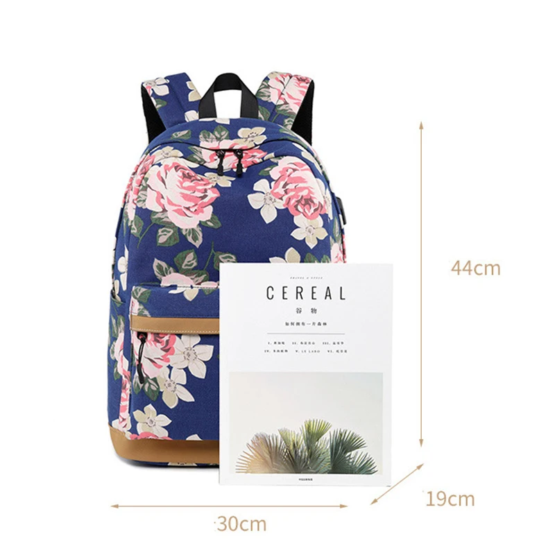 Женский холщовый рюкзак с цветочным принтом и USB-зарядкой | Багаж сумки