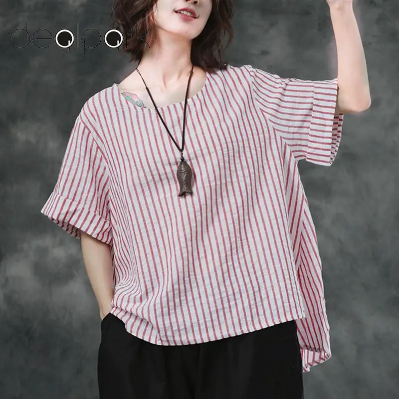 Мешковатые блузки женские винтажные свободные топы туники полосатые рубашки