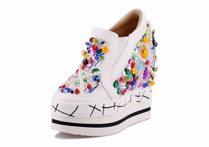 Новый 2017 Женщины Клин Туфли На Платформе Для Натуральной кожи Горный Хрусталь