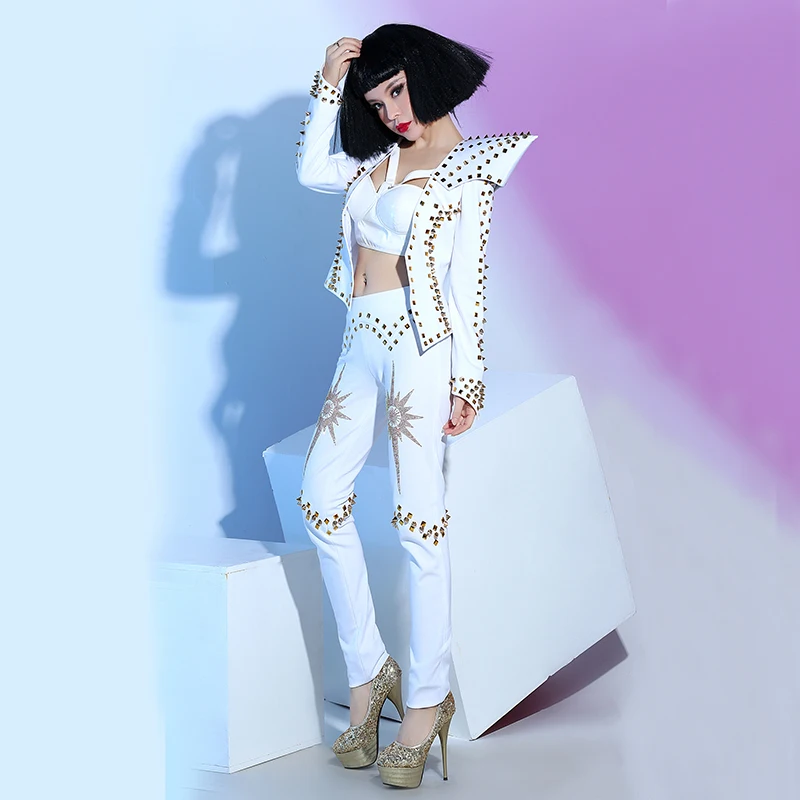 Female singer dj white punk rivet ds costume piece set stage clothes | Modern Dance