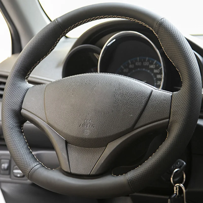 

Hand-stitched Black Genuine Leather Steering Wheel Cover for Toyota Carola Vios RAV4 Yaris 2005-2015 Car Special Steering Covers