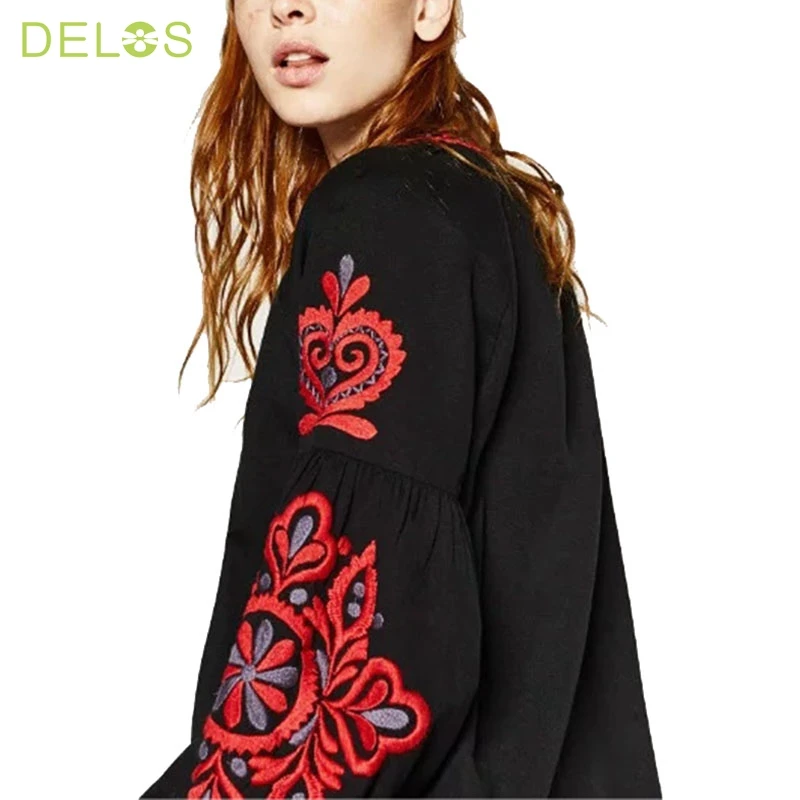 ДЕЛОС Геометрическая Вышивка Кисточкой Блузка Femme Кружева Дамы Свободные Черные