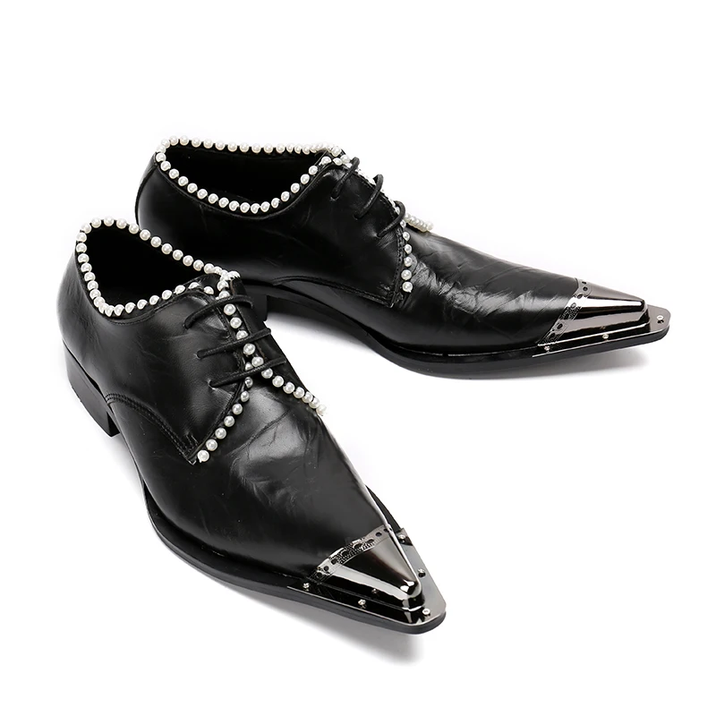 

Men's Oxfords Plus Size 47 Fashion Luxury Pearl Designer Men Shoes Black Lace Up Wedding Party Shoes with Metal Tip