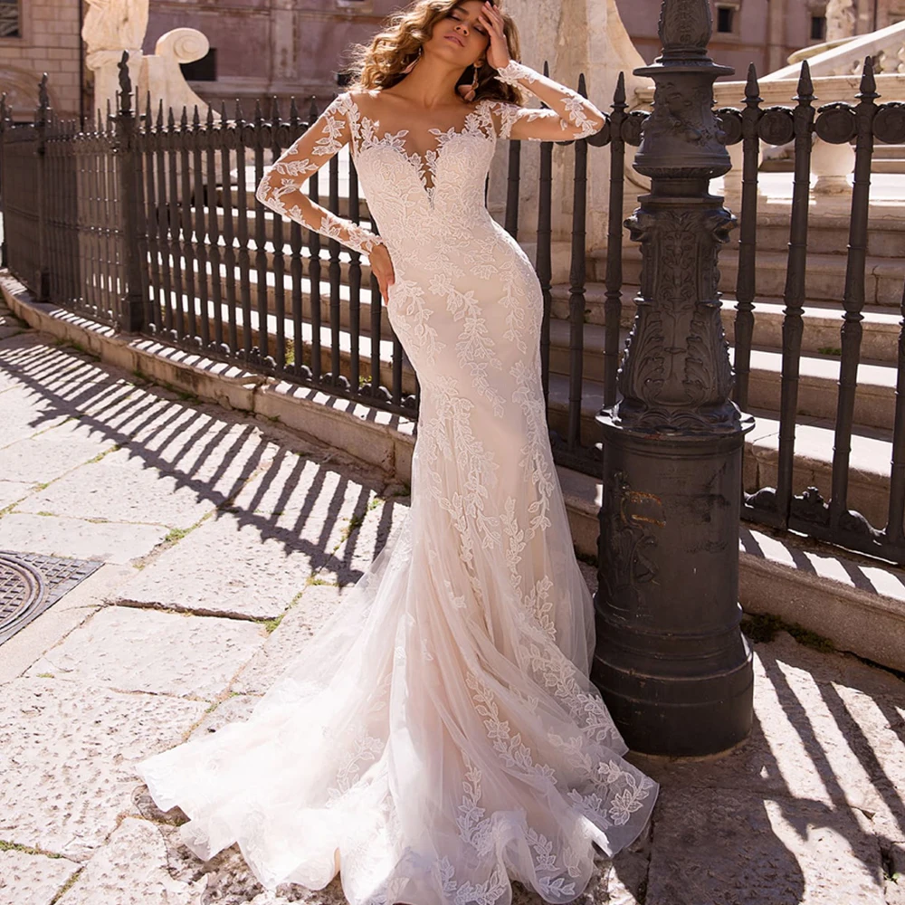 Vestido de Noiva, свадебное платье русалки с длинным рукавом,, со съемным шлейфом, роскошное, Suknia Slubna, Тюлевое, с аппликацией, Trouwjurk