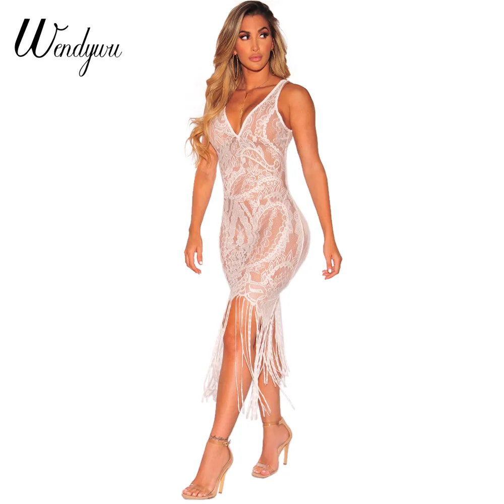 Новинка сексуальное женское Клубное платье Wendywu без рукавов Белое Кружевное