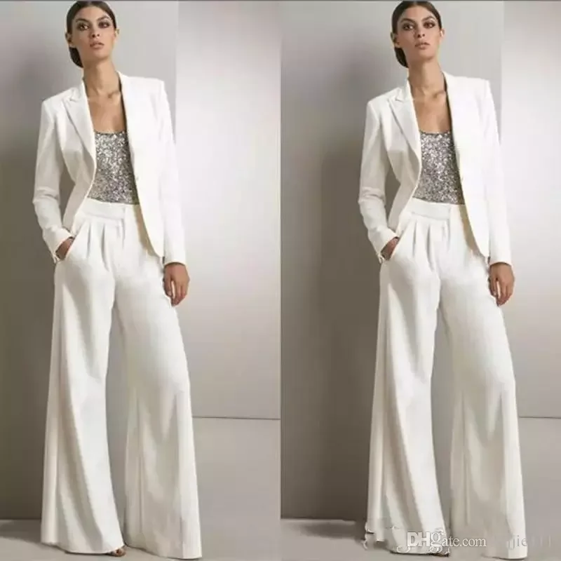 Серебряное расшитое блестками свадебное платье для гостей vestido novia madrinha современный белый три части Мать невесты платья брюки костюмы - Цвет: Белый