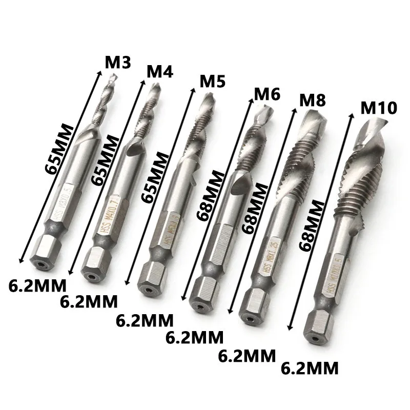 6 шт. 1/4 ''шестигранный M3/M4/M5/M8/M6/M10 высокоскоростная стальная резьба спиральный