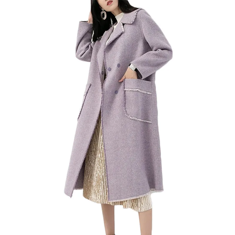 

Korean Women Double-faced coat winter popular purple Long Cashmere woolen coat Female High end Herringbone pattern overcoat 1065