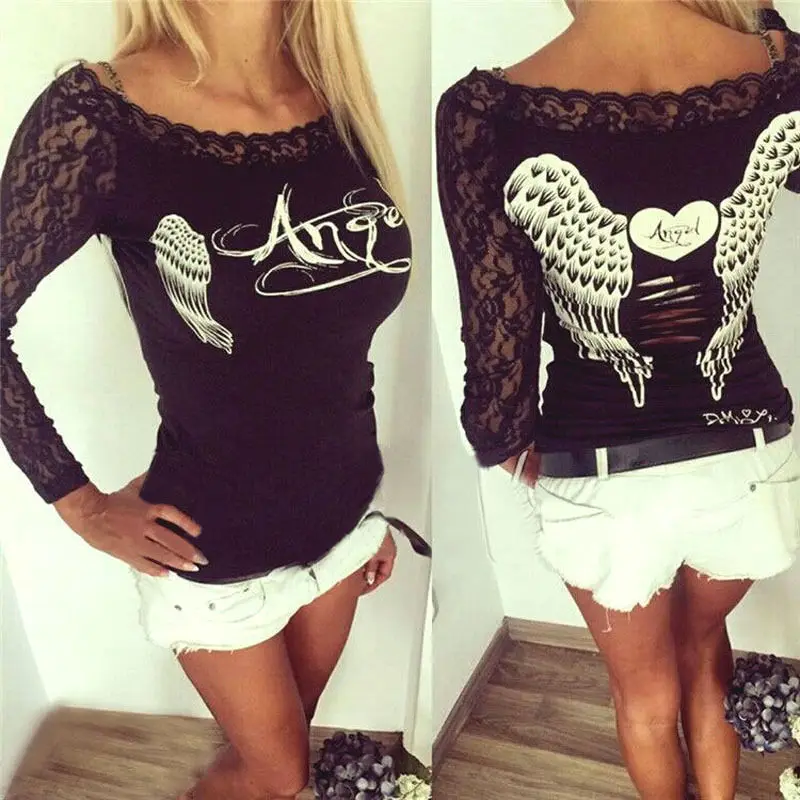 2018 Summer Blouses Women angel wings back printing long sleeve loose Prints Shirt Casual Lace Off Shoulder Blouse Tops