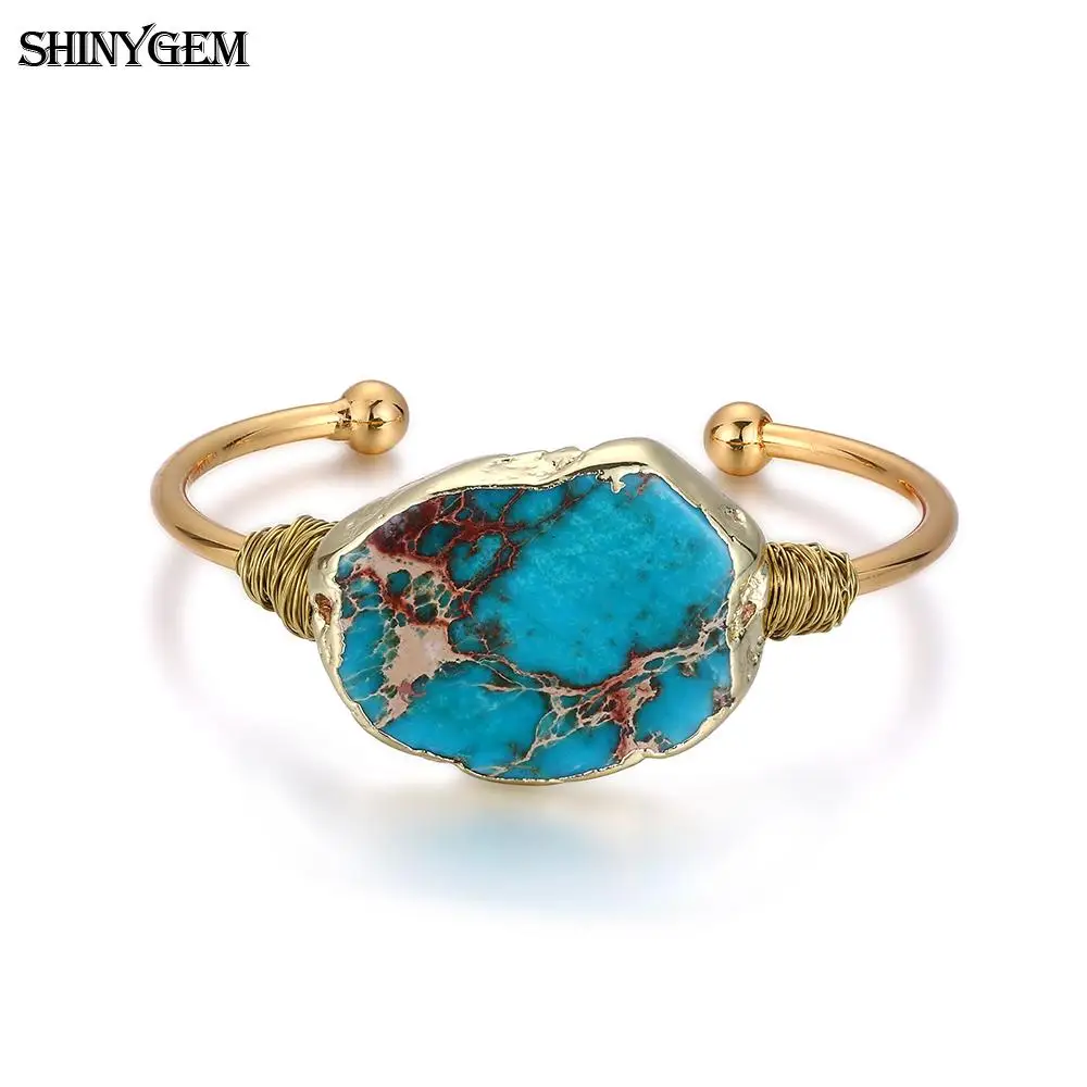 ShinyGem браслет с природными камнями винтажный необычный большой Jaspers камень браслет ручной работы Золотая проволока открытый манжета браслеты для женщин