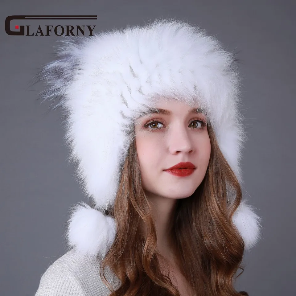 Женские вязаные меховые шапки Glaforny теплые ушанки с помпонами из лисьего меха
