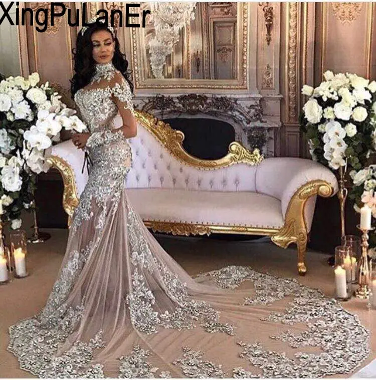 

Robe De Soiree Elegant Muslim Evening Dress Mermaid Long Sleeves Lace High Neck Beads Crystal Formal Long Prom Dress Party Gown