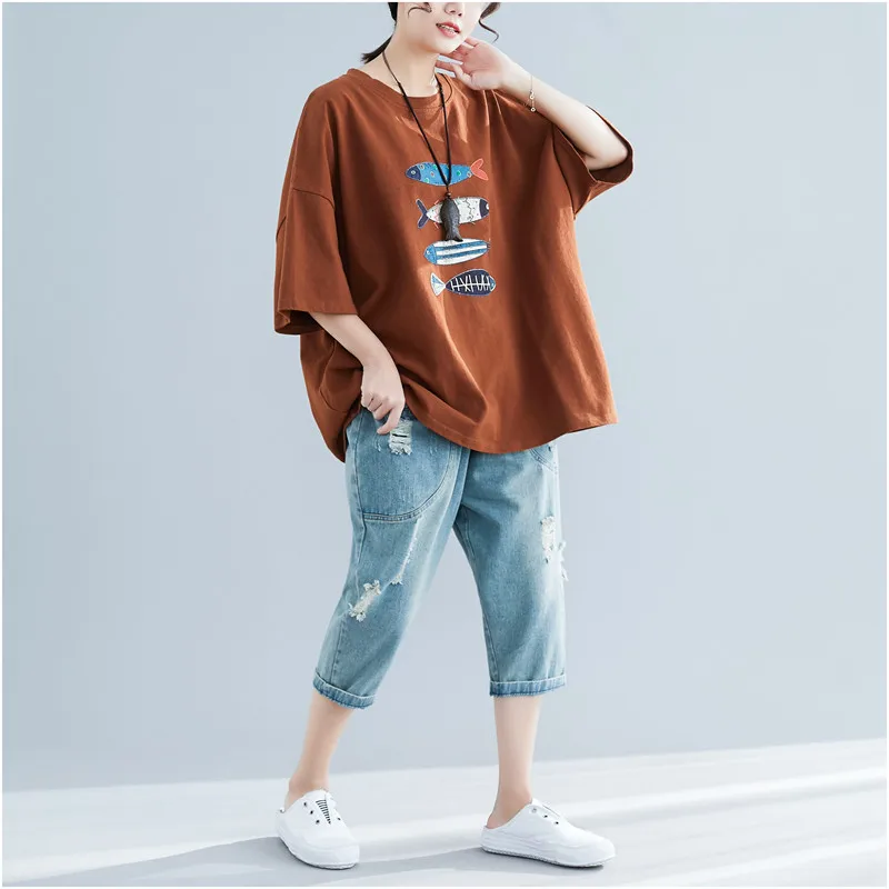 Brown T Shirt Футболка размера плюс с мультяшным принтом рыбы Летняя женская хлопковая футболка женский топ с коротким рукавом Свободная футболка 5XL Футболка женская - Цвет: Brown T Shirt