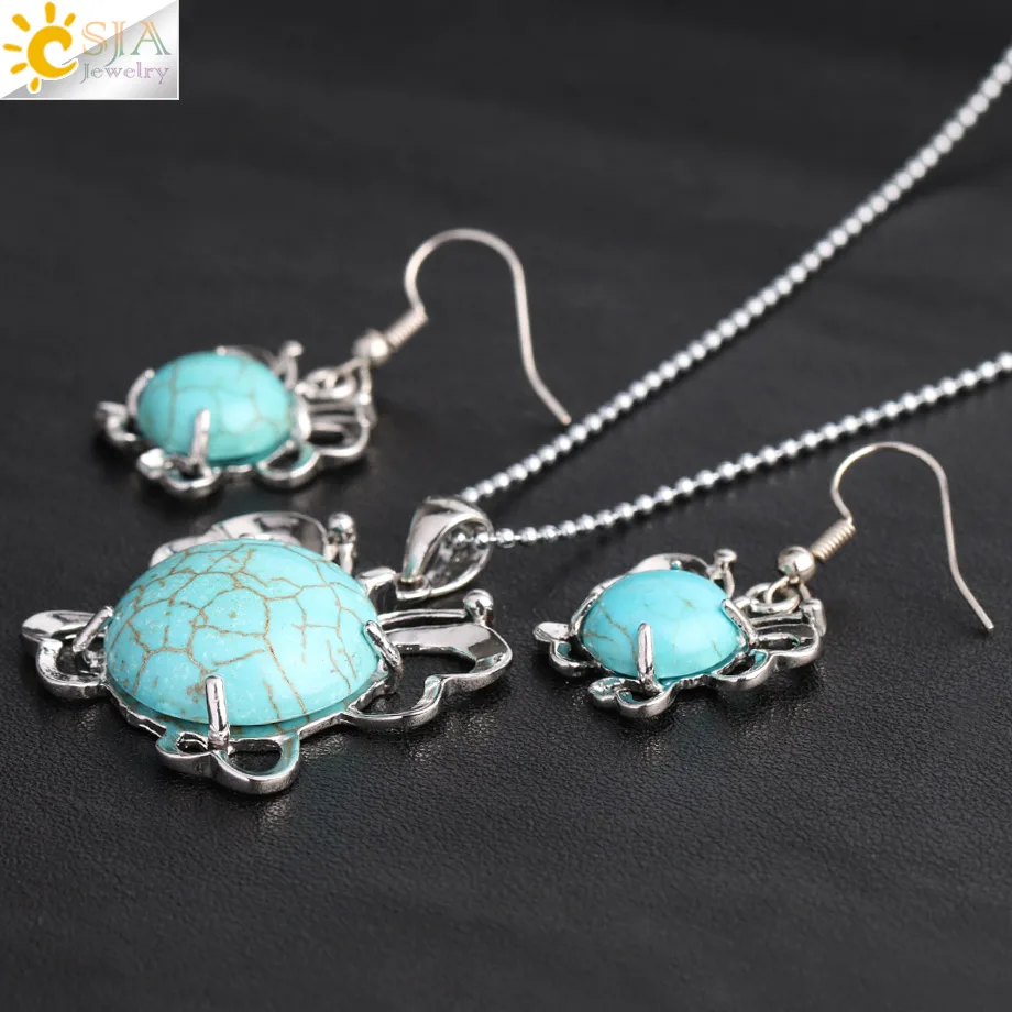 CSJA бирюзовые Ювелирные наборы круглые купольные зеленые камни Полые Подвески