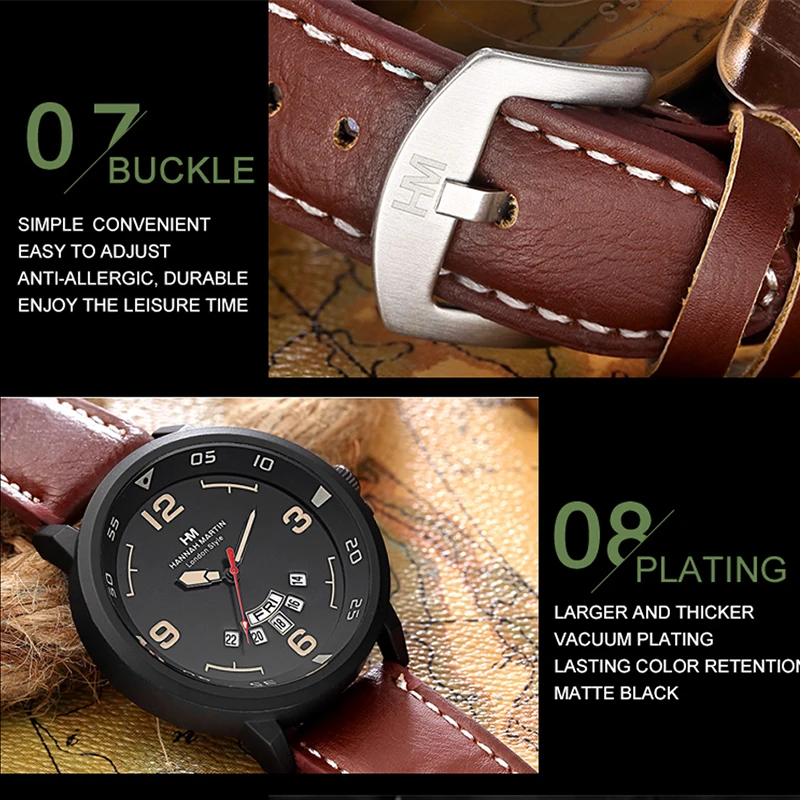 Топ люксовый бренд часы мужские Неделя дисплей reloj кожаные Наручные часы армейские военные reloj hombre мужские часы relogio masculino