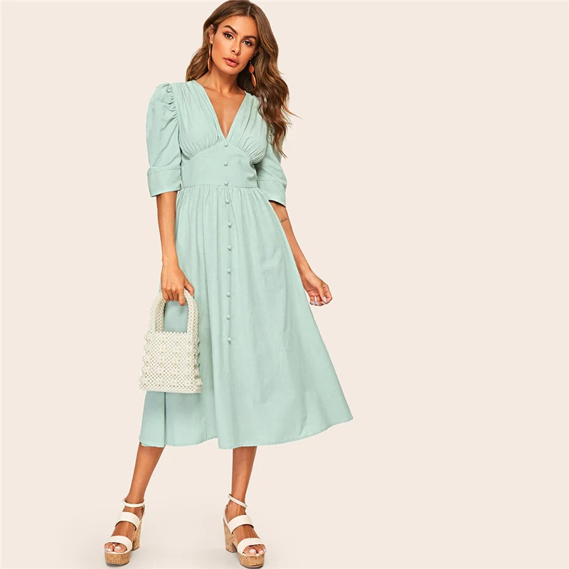 SHEIN Платье С Поясом В Винтажном Стиле, Стильное Однотонное Платье С V-Образным Вырезом