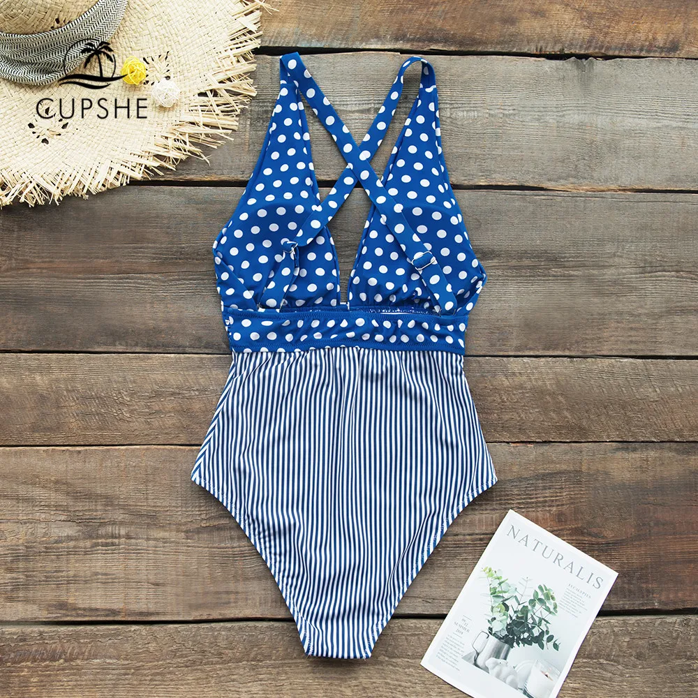 CUPSHE синий в горошек и полоску с принтом Цельный купальник сексуальный женский