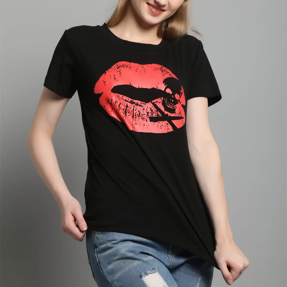 LUBI 2017 New Female Short-sleeved T-shirt for Women Lips Skull Prints Tee Shirt Summer Casual Slim Tops Tees | Женская одежда