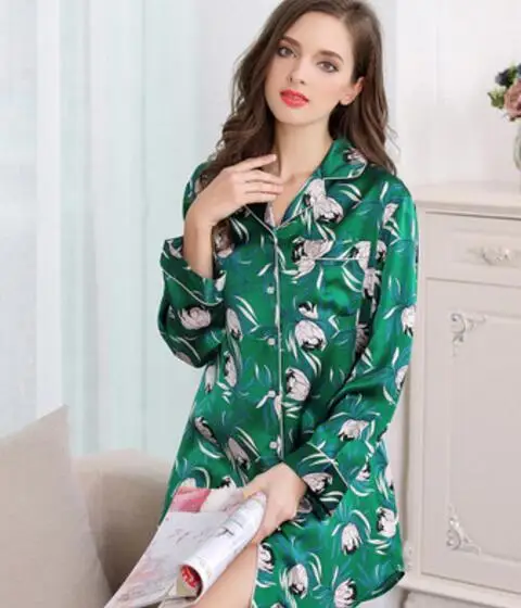 Green Шелковые пижамы с длинным рукавом женские летние розовые пижамы Синие пижамы Natrual ткань высокое качество одежда - Цвет: Green