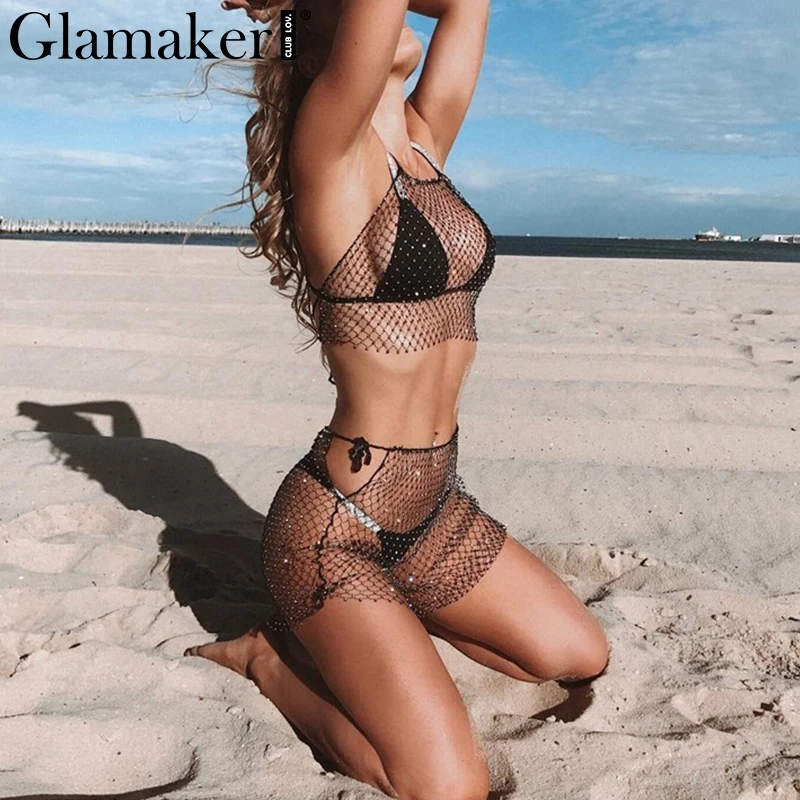 Женская мини юбка Glamaker черная прозрачная из горного хрусталя для вечеринок и