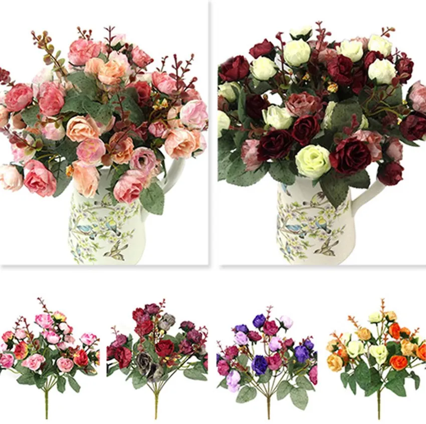 1 букет с 21 головкой искусственные розовые цветы лист вечерние украшения для дома