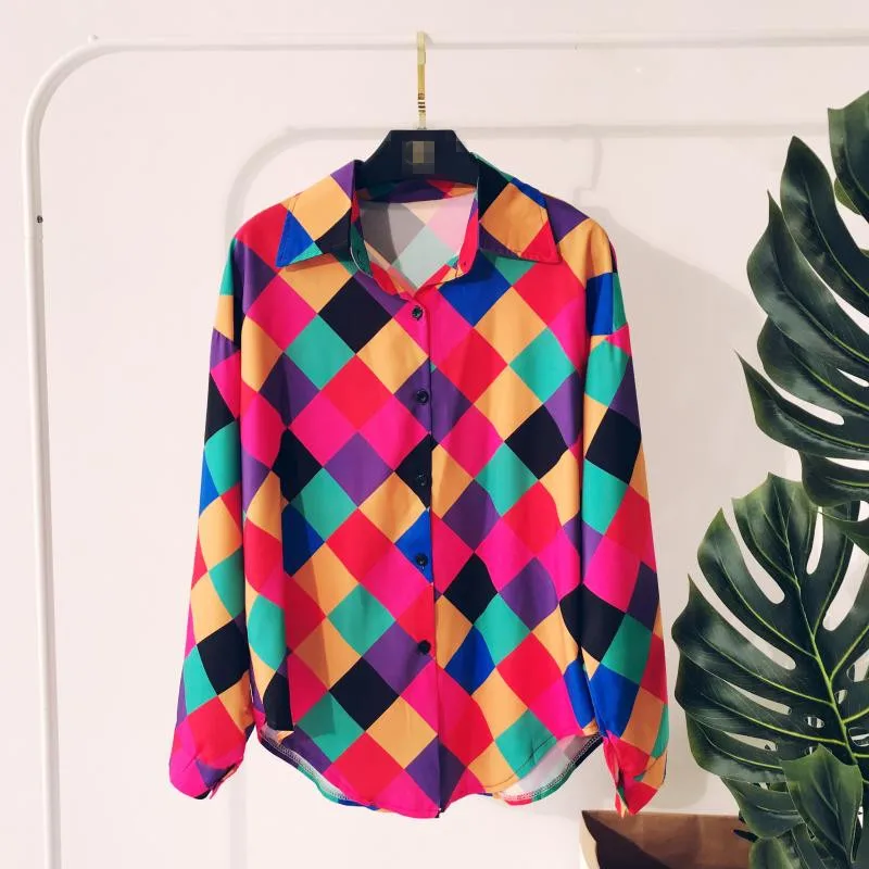 

Spring summer women's vintage colorful long sleeve shirt female casual loose shirt chic blouse tops TB1085