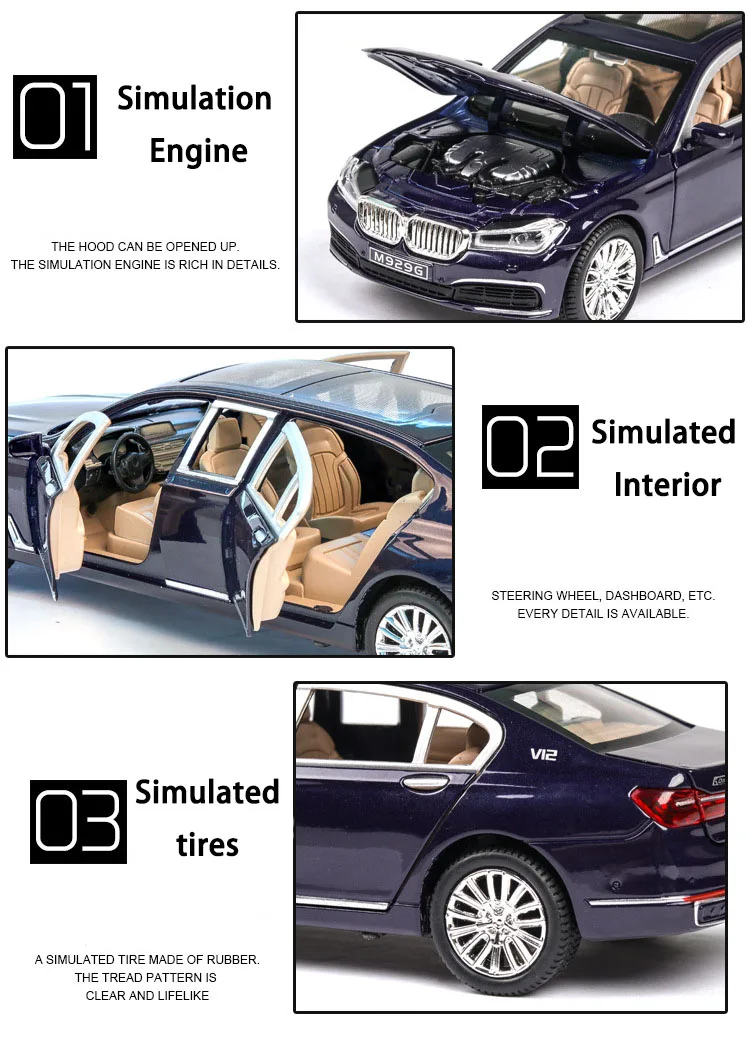 Diecast 1/24 Extend 760LI Model Simulation Metal Car Alloy Cars Lights Sound Vehicles Pull Back Toys Gifts For Kids Children