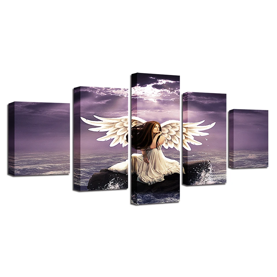 Printing Scenery Canvas Pictures Decor Modern Wall 5 Pieces Girl Angel Wings And Sea Water Painting Framework Modular Poster Art | Дом и сад