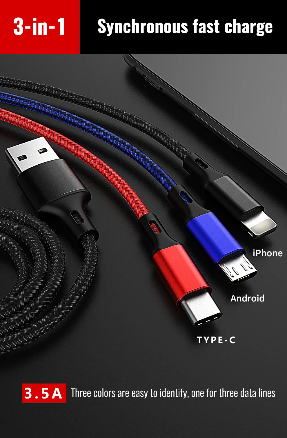 3 в 1 type C/8 Pin/Кабель зарядного устройства микро-usb для iPhone X универсальный кабель быстрой зарядки для samsung S9 S8 Xiaomi зарядное устройство Шнур