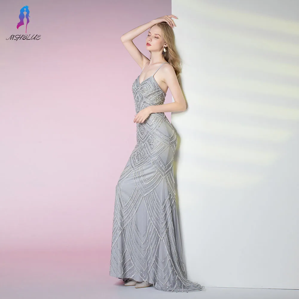 Robe De Soiree Сексуальные Серебряные Кристаллы Вечерние платья Длинные ремни Спагетти Бисером официальное платье с юбкой-годе платья с открытой спиной MSHBLUE