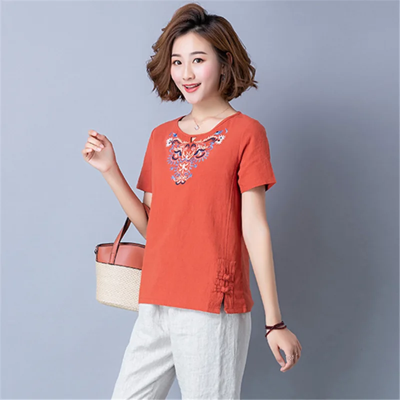 2019 модные летние женские льняные рубашки с коротким рукавом футболки круглым