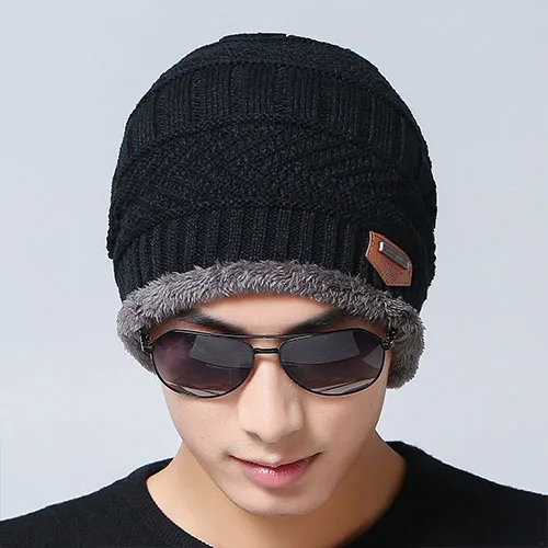 a hat black Теплая вязаная плюшевая шапка, шарф, набор, меховая шерстяная Толстая Вязаная мужская шапка бини, Балаклава, зимняя шапка для мужчин и женщин, шапка Skullies bonnet - Цвет: a hat black