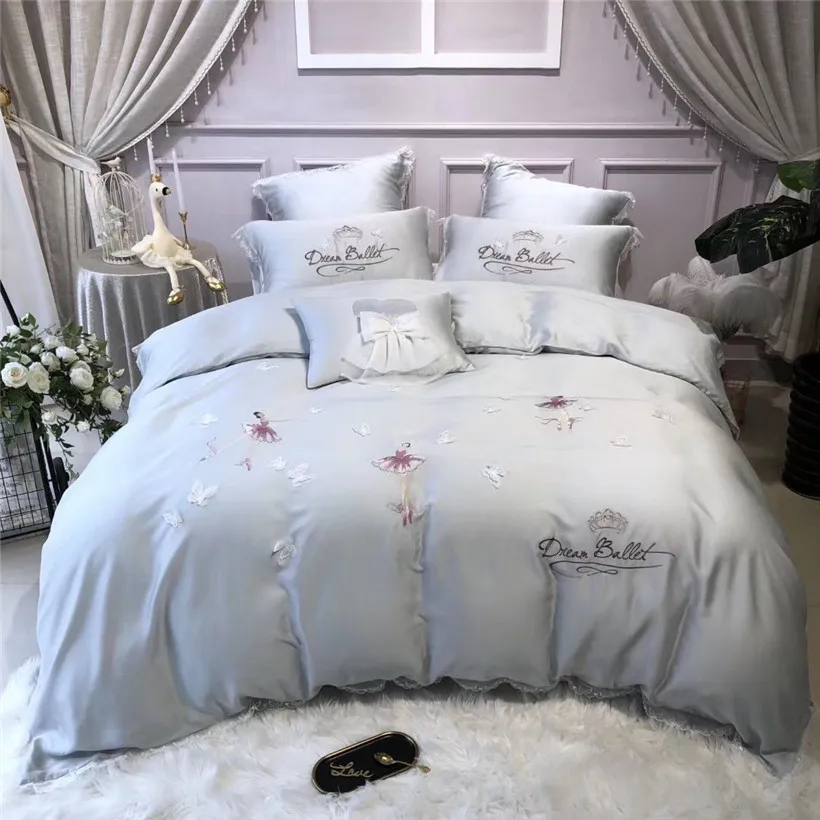 Queen King size 4/7 шт. Тенсел Шелковые Ультра мягкий шелк синего/серого цветов: Постельное белье с красивой бабочкой Детская Одежда для танцев; пододеяльник, простынь и наволочки