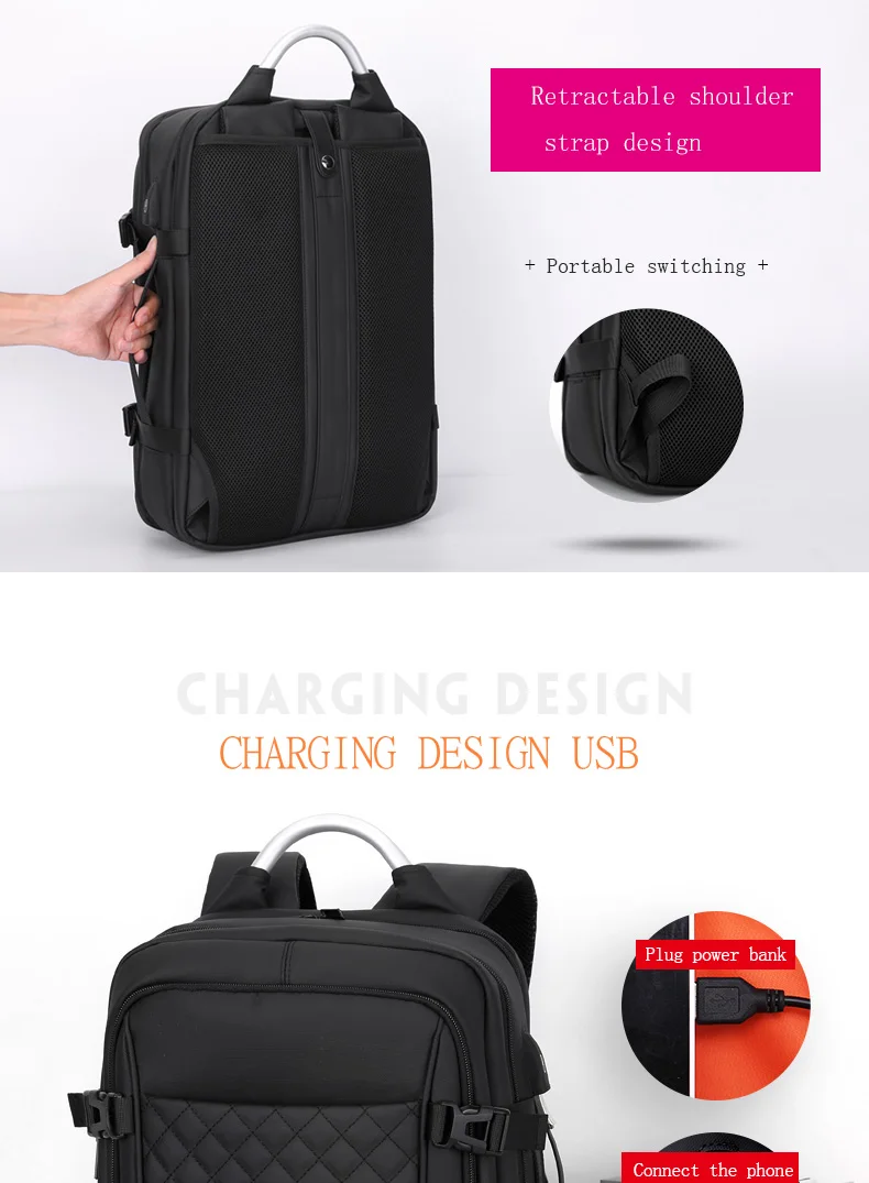FRN Laptop Backpack 15.6 inch Men's Travel Bags Multifunction Rucksack Waterproof Oxford Black Computer Backpacks For Men