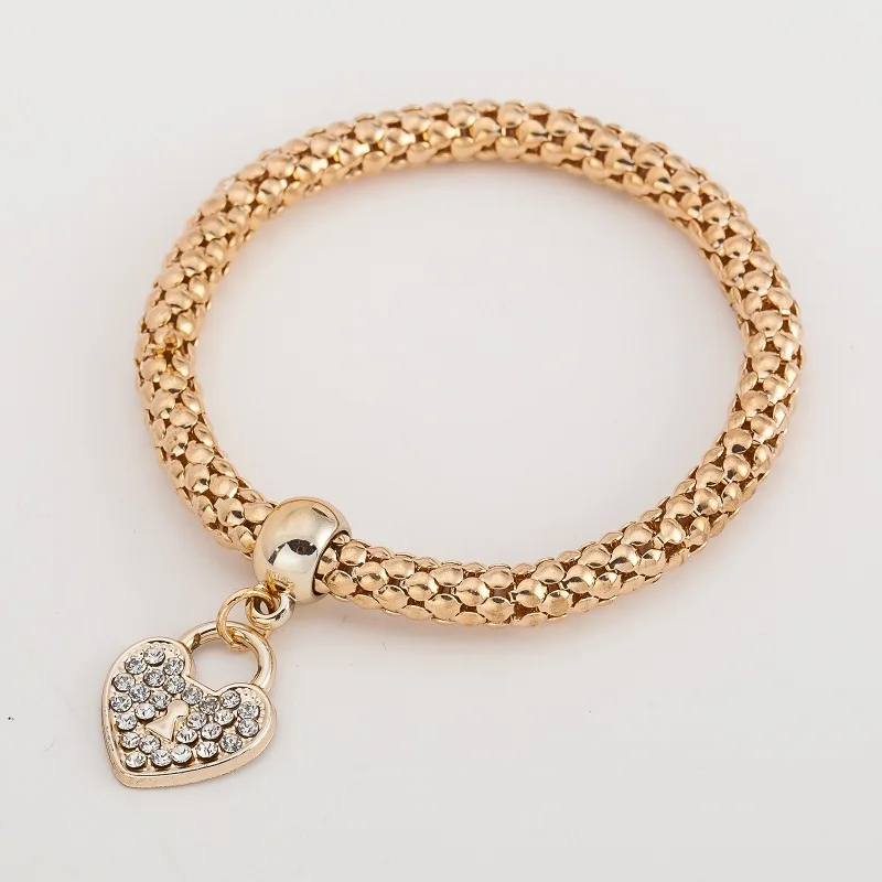 heart shaped gold Серебряный цвет эластичный Попкорн цепи змея цепи в форме сердца кристалл кулон элегантный простой темперамент модный браслет для женщин - Окраска металла: heart shaped gold