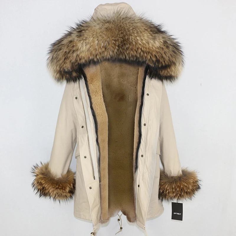 beige natural DX OFTBUY, пальто с натуральным мехом, зимняя куртка, Женская длинная парка, с манжетами, натуральный мех енота, Отделка капюшона, Толстая теплая уличная одежда, верхняя одежда, новинка - Цвет: beige natural DX