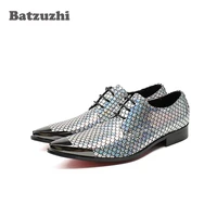 batzuzhi italian designer silver mens shoes genuine leather mens dress shoes lace up oxfords party wedding shoes footwear 46
