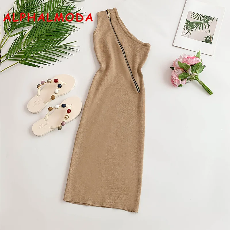 Женское платье на одно плечо ALPHALMODA с косой молнией однотонное трикотажное