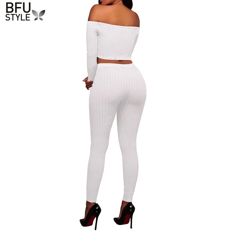 Женский трикотажный костюм с открытыми плечами и брюками | Женская одежда