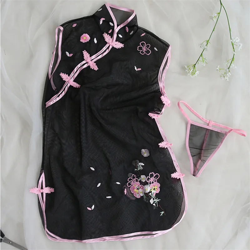 Black Косплей, сексуальная форма, кружевное нижнее белье, сексуальное, эротическое, ночная рубашка с вышивкой, соблазнительное Прозрачное платье-чонсам, сексуальные костюмы - Цвет: Black