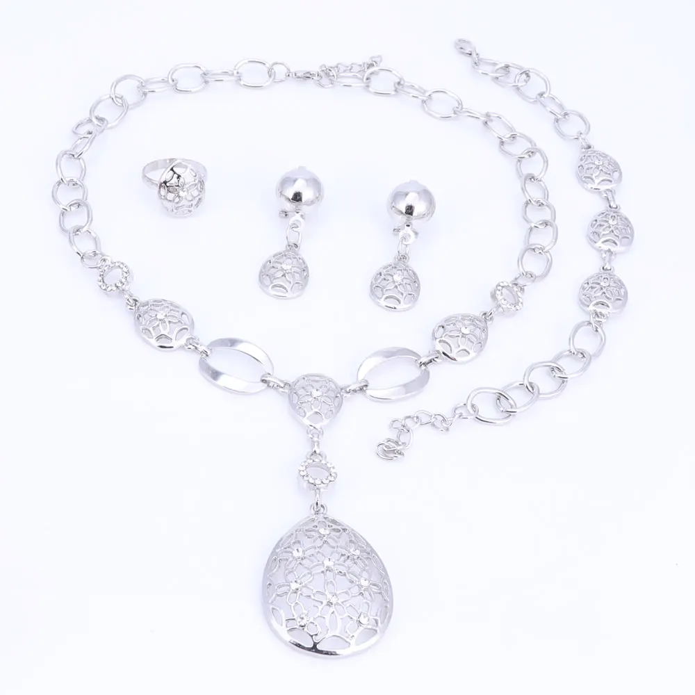 New Women silver Color African Beads Jewelry Sets For Wedding Fashion Necklace Earrings Bracelet Rings Set Dress Accessories | Украшения и