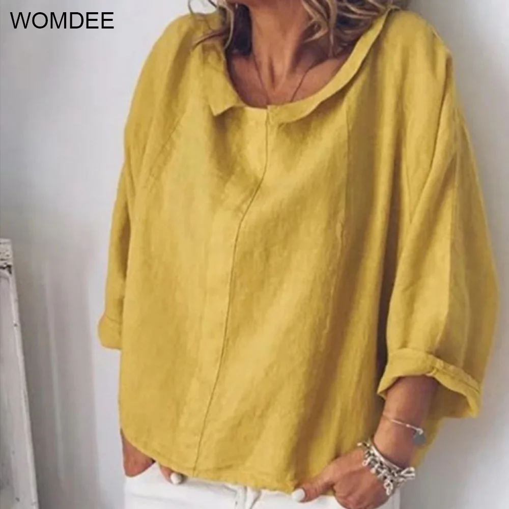 Womdee, женские топы, блузки,, Осенние, повседневные, с рукавом три четверти, одноцветные, с отворотом, льняная блузка, женские рубашки, блузки размера плюс